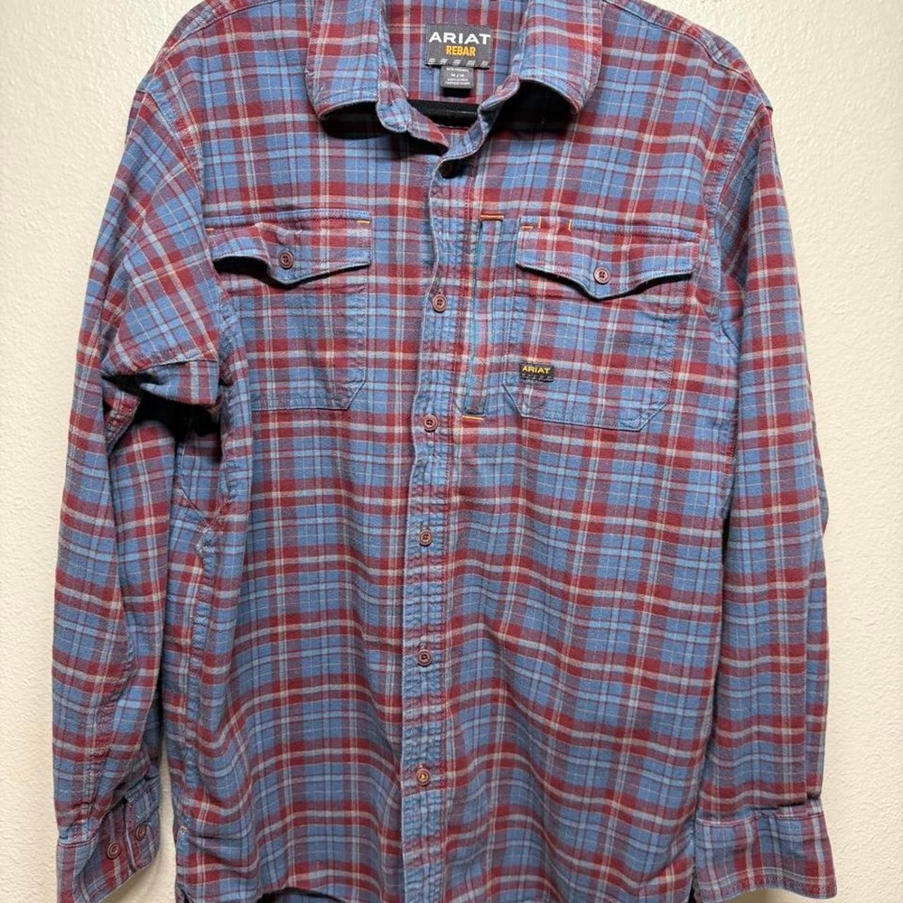 Ariat Rebar Flannel Durastretch LS Work Shirt Blue Red Plaid Mens Medium